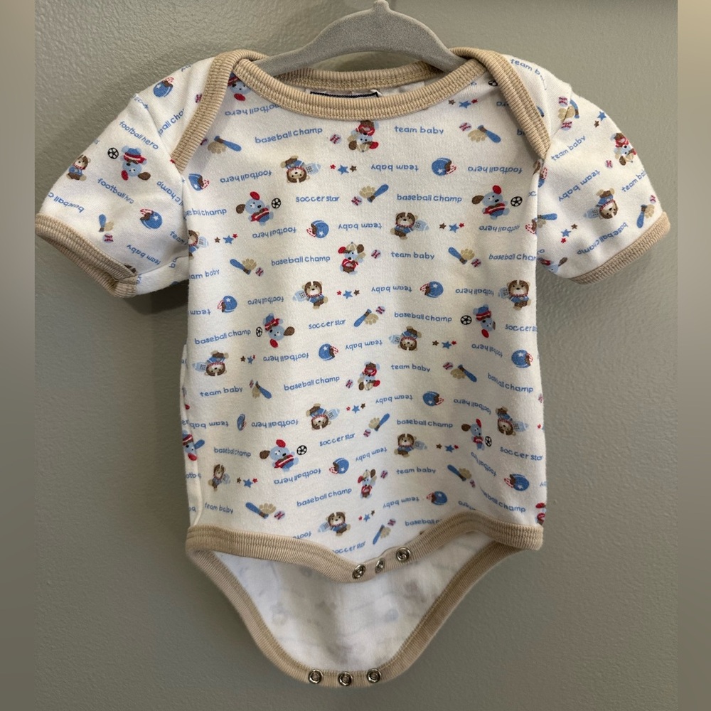Vintage Scooters Brand Onesie – White with Dog Sports Print, Snap Closure